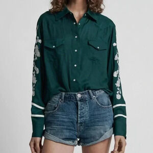 One Teaspoon San Cerena Shirt Green Button Down Embroidered Western Floral XS